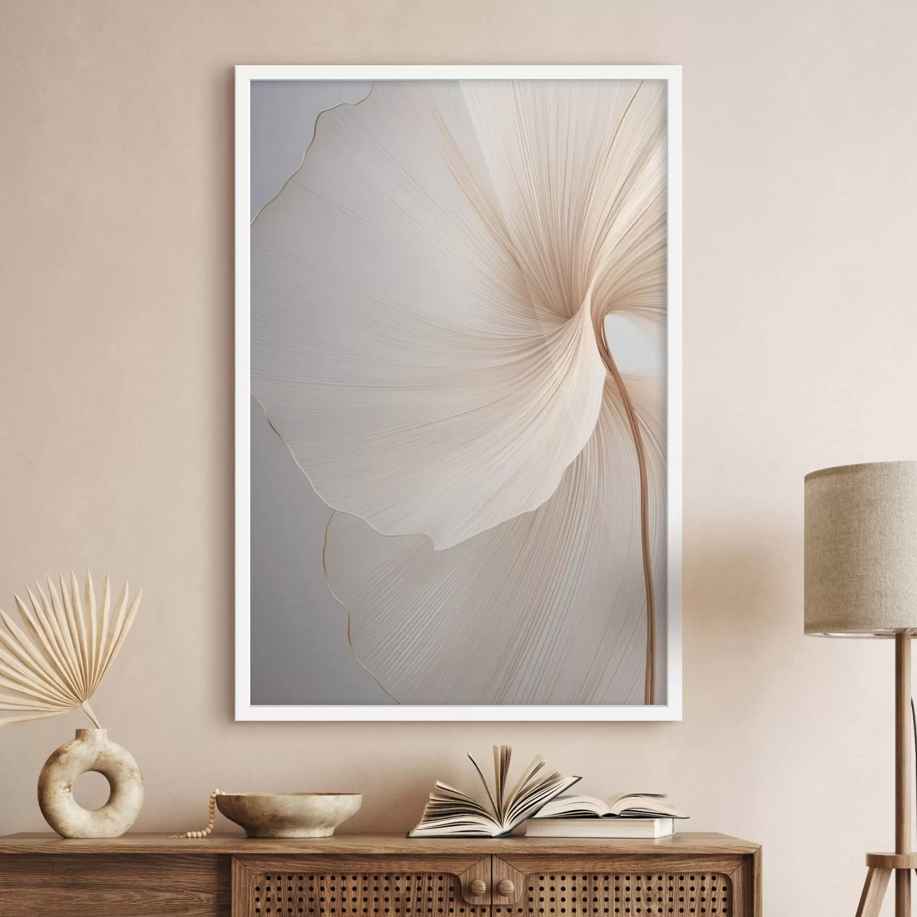 fototapet Flori abstracte cu petale subțiri și delicate, în nuanțe de alb și bej f45922