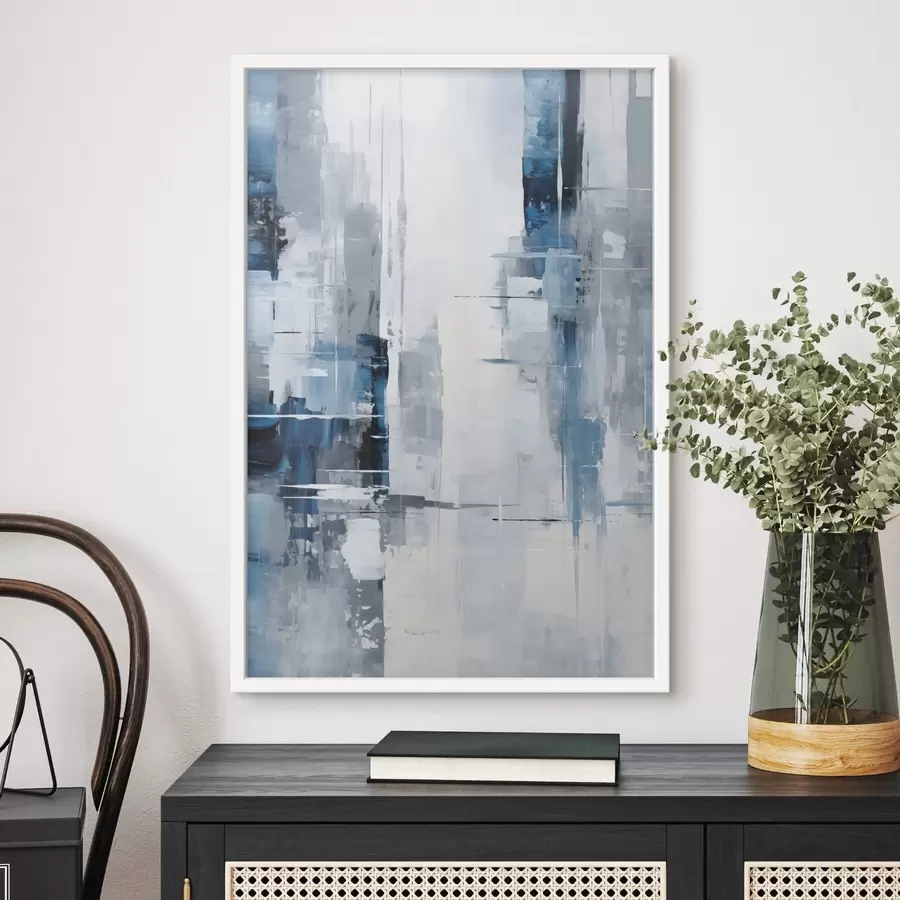 fototapet Imitare de pictură abstractă cu culori albastru, gri și alb, linii verticale și forme geometrice f45926