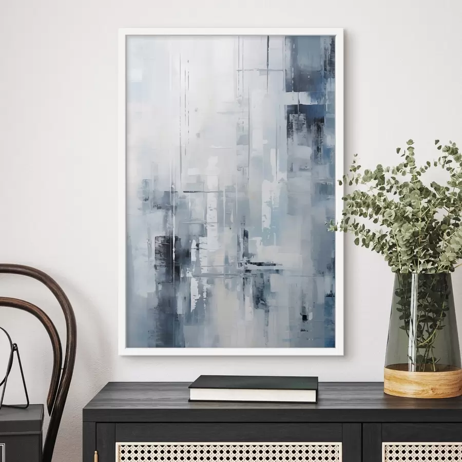 fototapet Imitare de pictură abstractă cu culori albastru, gri și alb, linii verticale și forme geometrice f45927