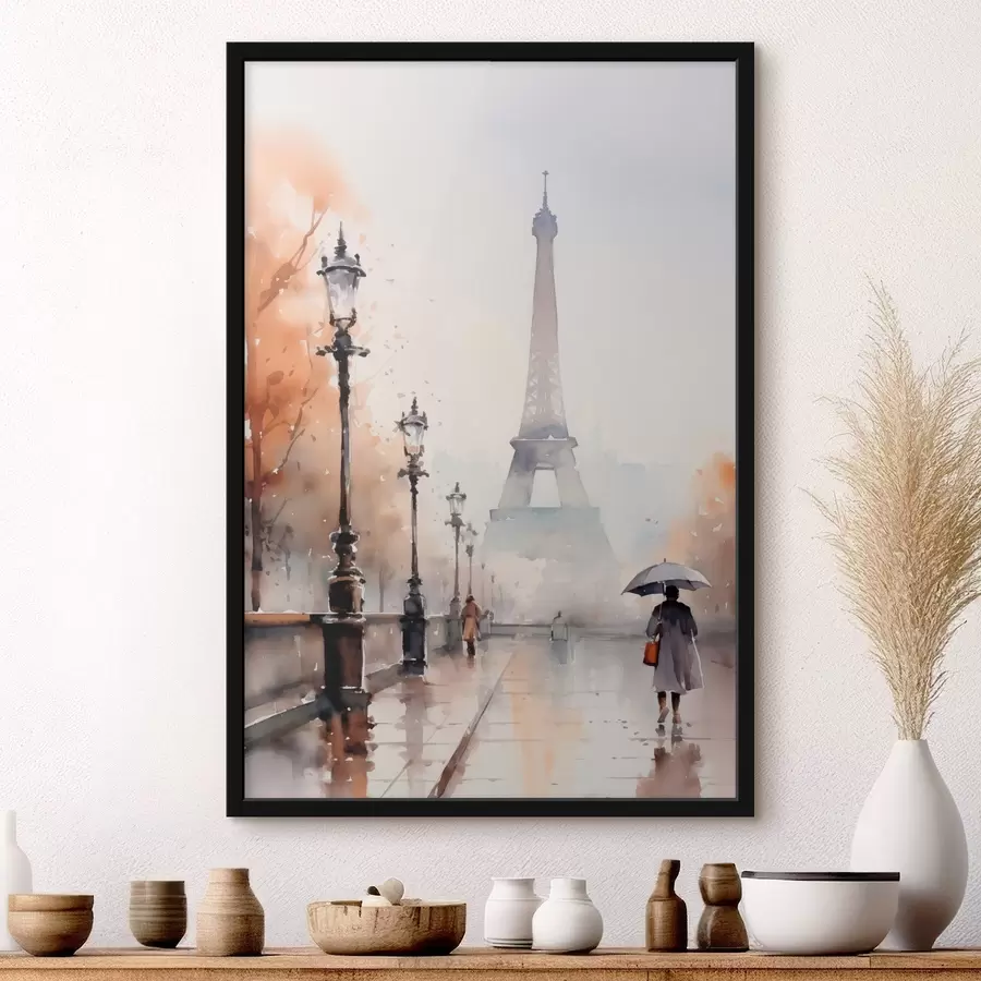 fototapet O zi ploioasă în Paris, cu Turnul Eiffel în fundal și felinare vintage f45930
