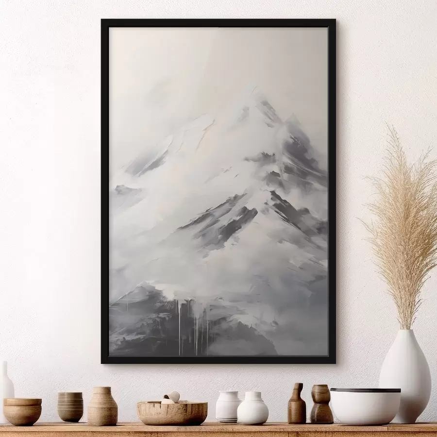 fototapet Vârfuri de munte înzăpezite cu umbre cenușii, cer cenușiu, pensule, texturat, minimalist f45932