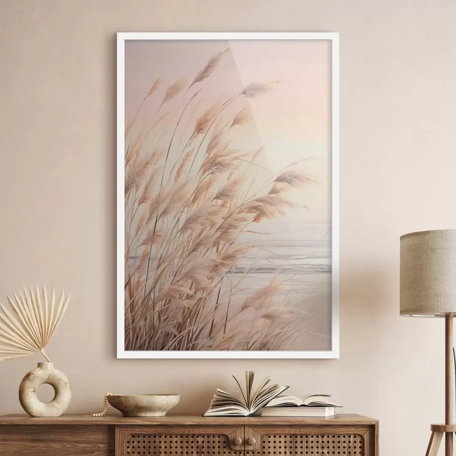 fototapet Iarbă de pampas cu paletă de culori portocaliu pastel, cer roz deschis, un peisaj liniștit f45934