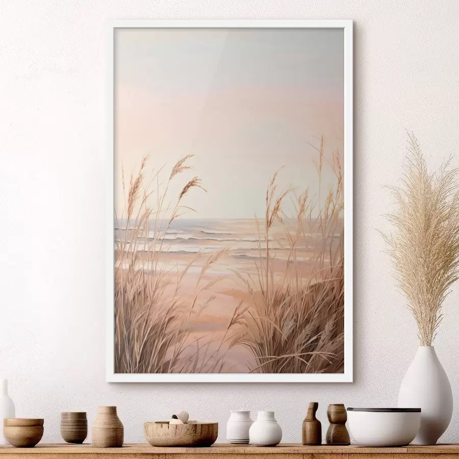 fototapet Iarbă de pampas cu paletă de culori portocaliu pastel, cer roz deschis, un peisaj liniștit f45935