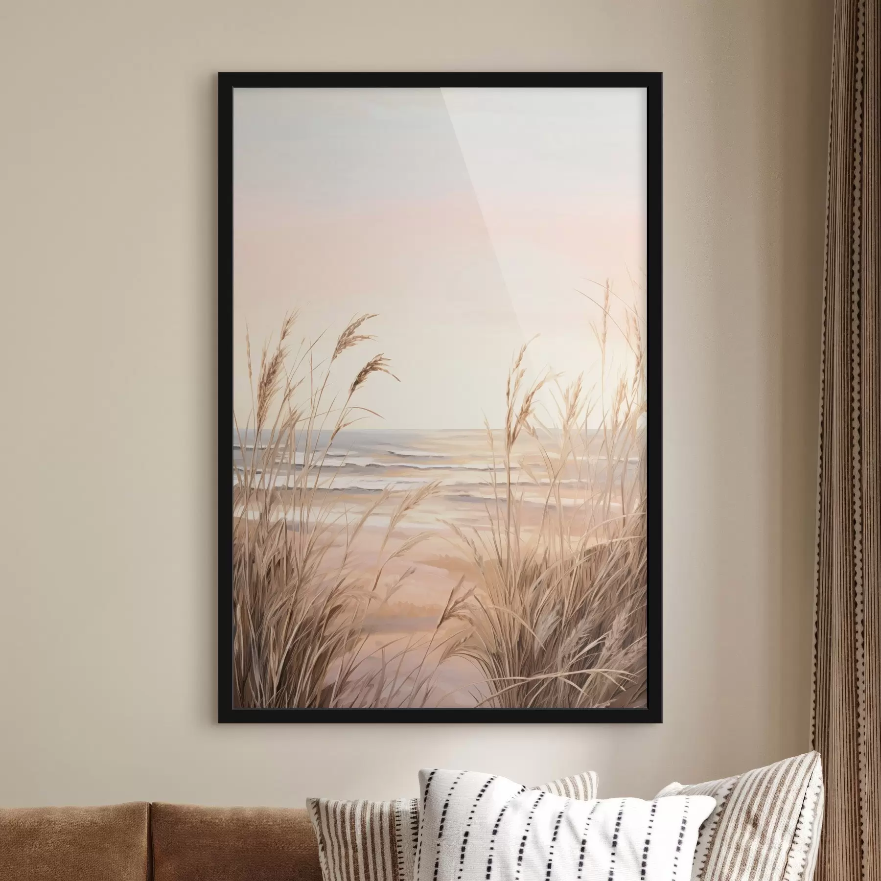 fototapet Iarbă de pampas cu paletă de culori portocaliu pastel, cer roz deschis, un peisaj liniștit f45935