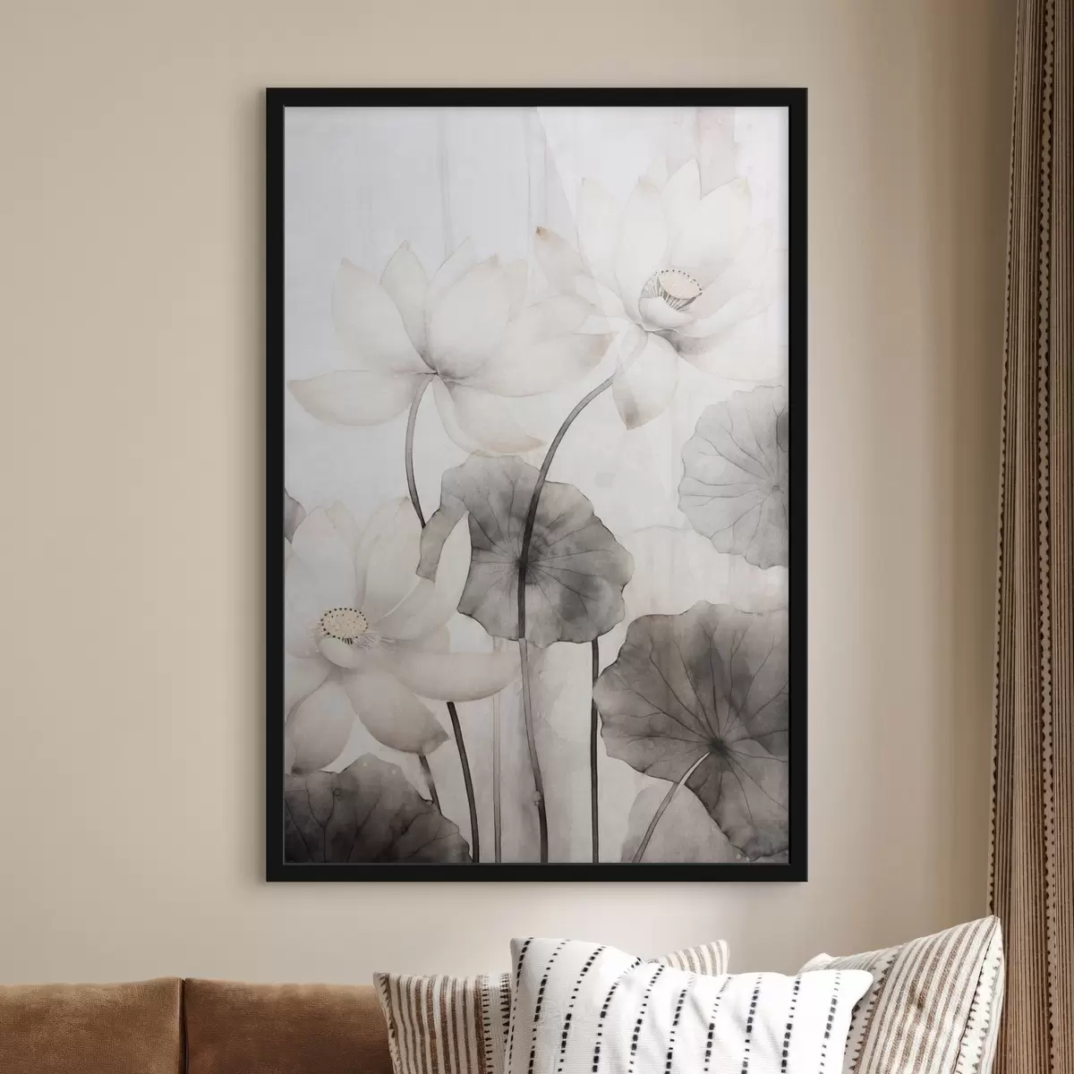 Poster Flori de lotus albe texturate cu frunze întunecate, fundal deschis, design minimalist f45937