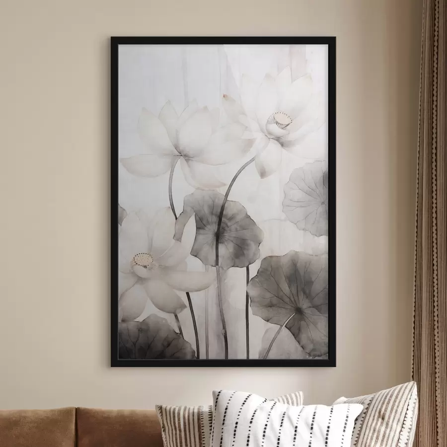 fototapet Flori de lotus albe texturate cu frunze întunecate, fundal deschis, design minimalist f45937
