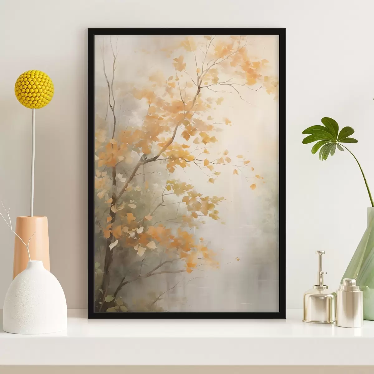 Poster Ramuri de copaci de toamnă cu frunze portocalii într-o pădure cu lumină difuză f45940