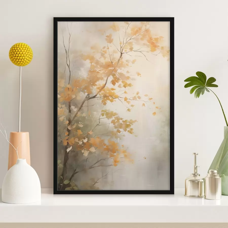 fototapet Ramuri de copaci de toamnă cu frunze portocalii într-o pădure cu lumină difuză f45940