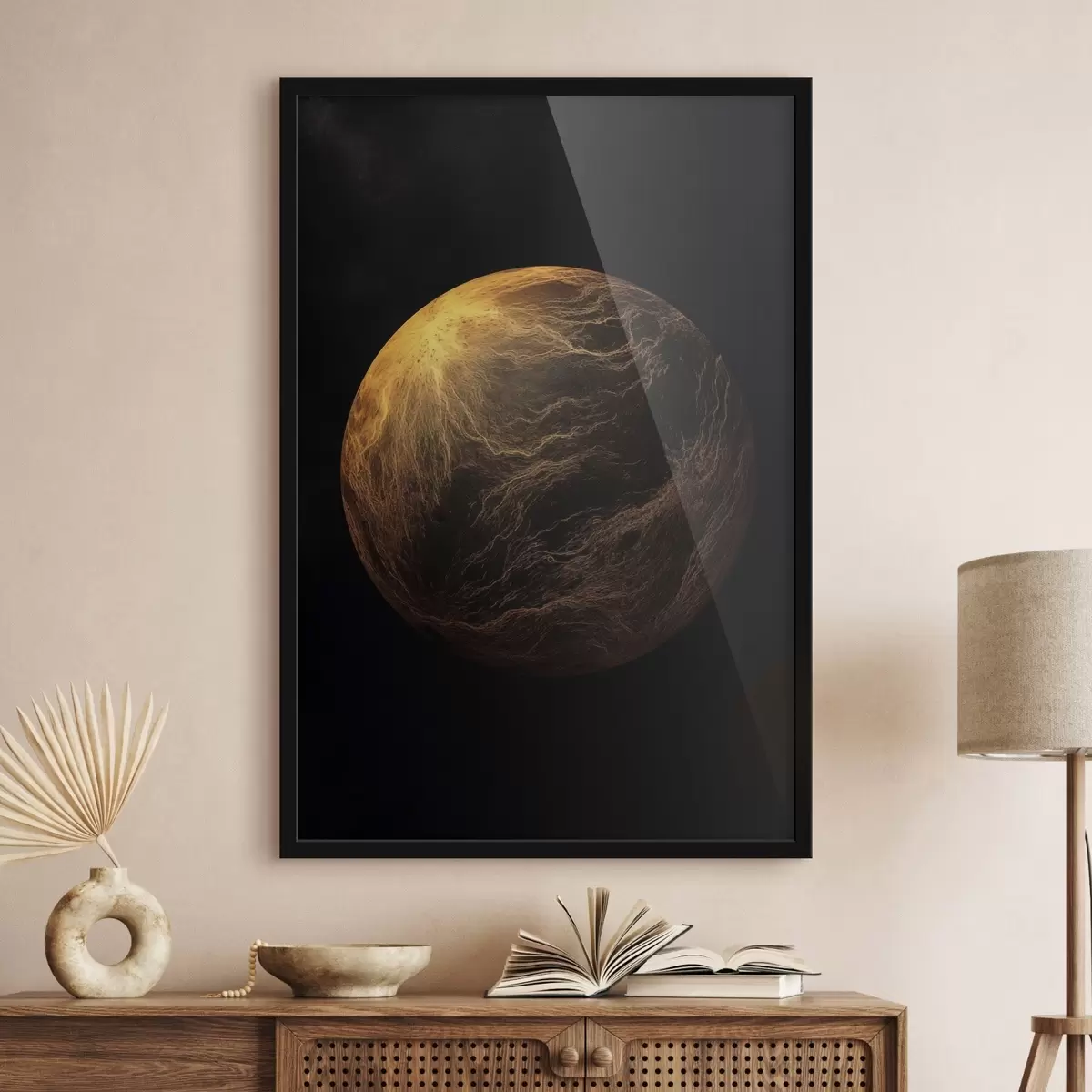 Poster Planetă abstractă cu vene portocalii pe un fundal negru, artă modernă minimalistă f45943