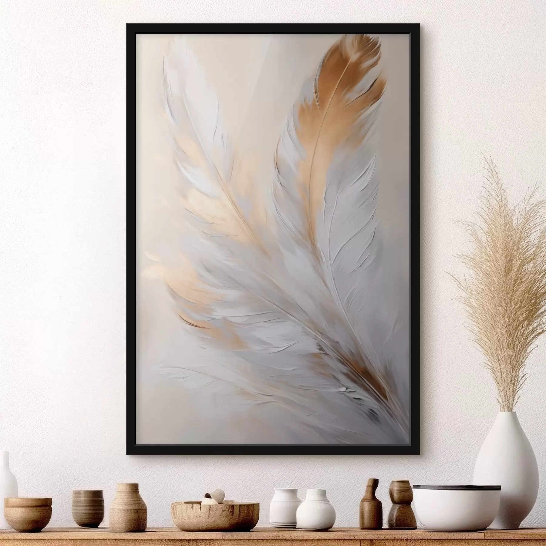 fototapet Pene cu accente portocalii, iluminare difuză, compoziție minimalistă texturată, artă modernă f45944