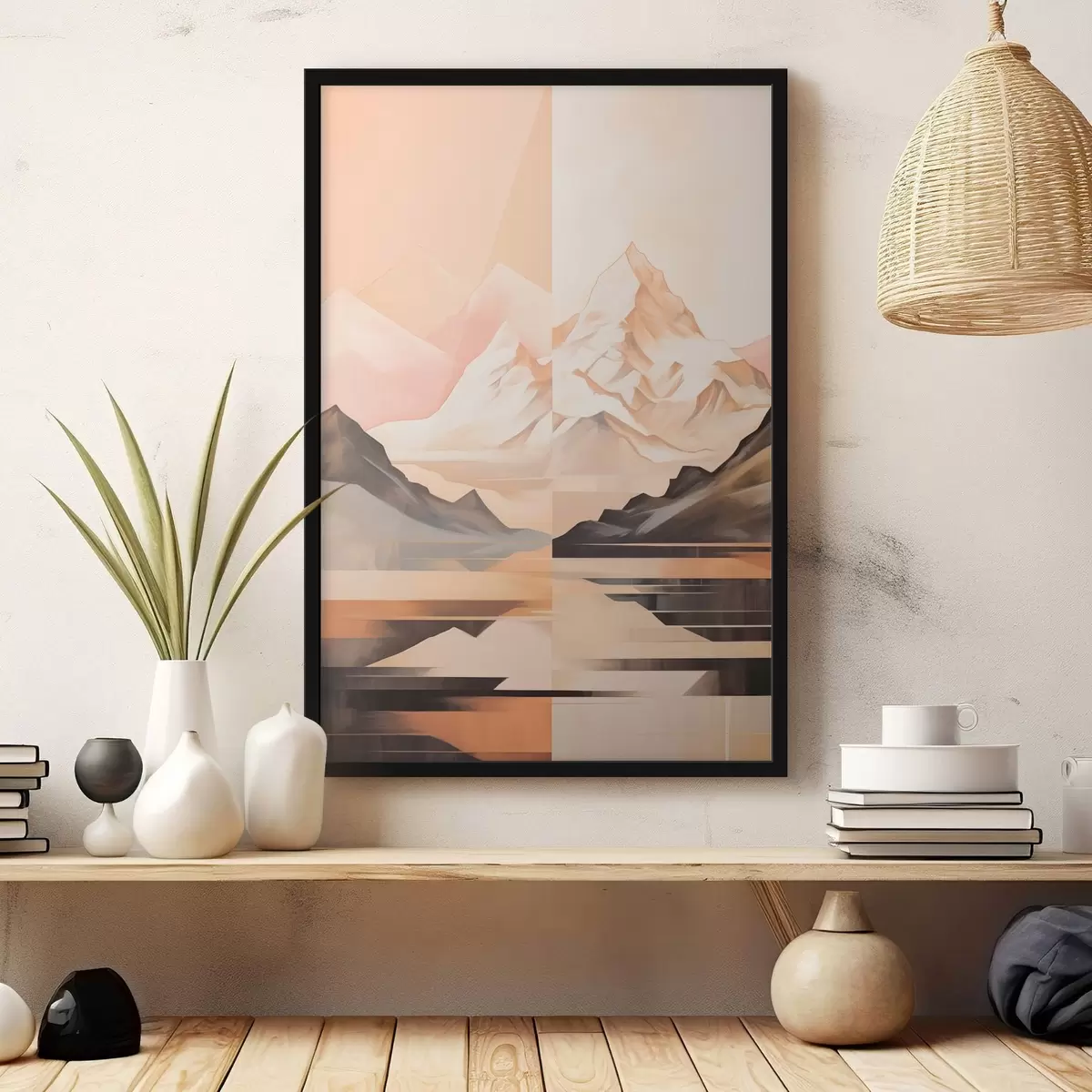Poster Peisaj abstract cu munți și un lac, culori pastelate, stil minimalist f45948