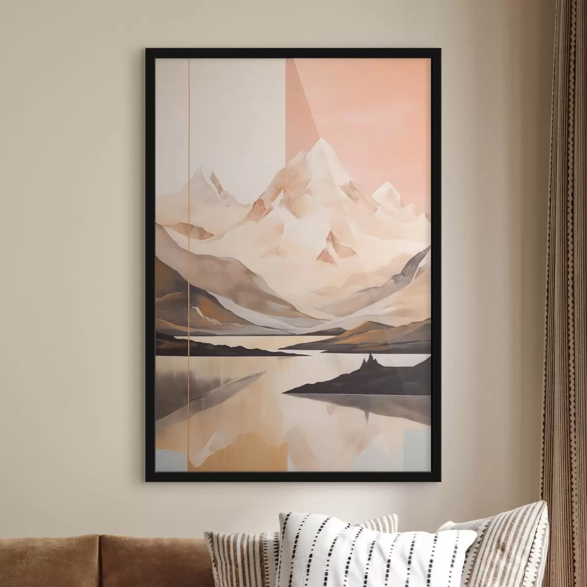 Poster Peisaj abstract cu munți și un lac, culori pastelate, stil minimalist f45949