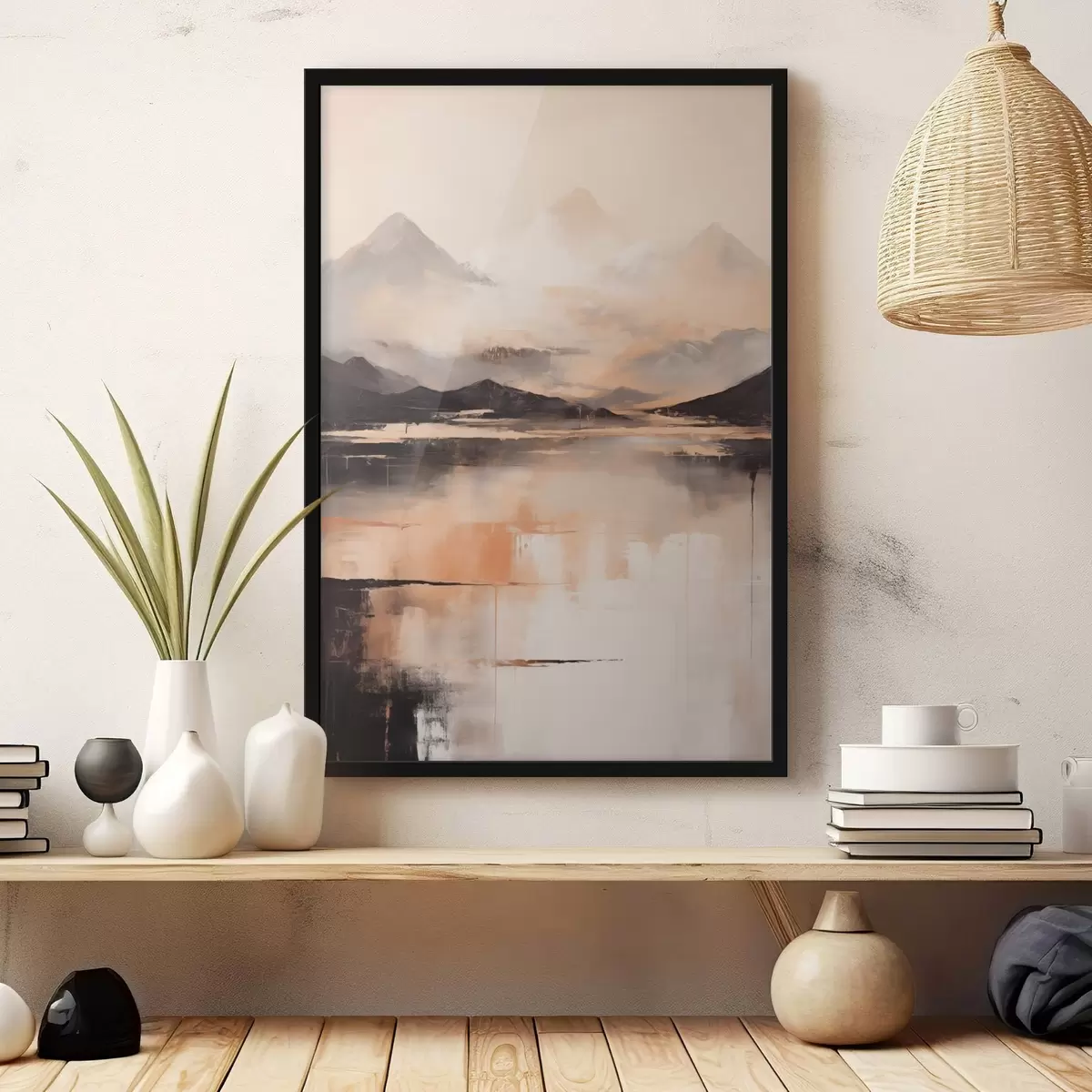 Poster O pictură cu textură peisagistică care imită munții și un lac f45950