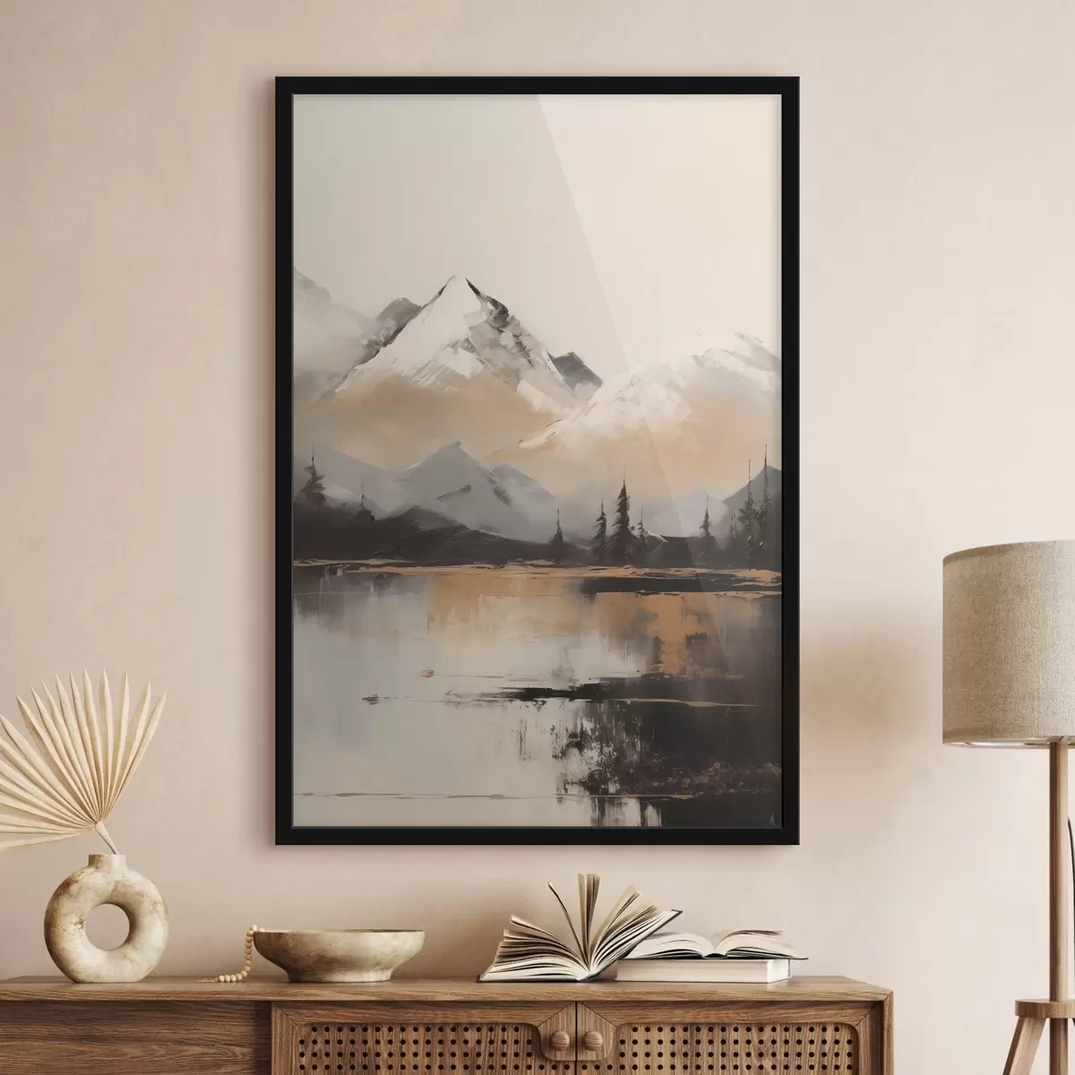 Poster Munți înzăpeziți, cu textură, cu câțiva copaci în fața unui lac f45951