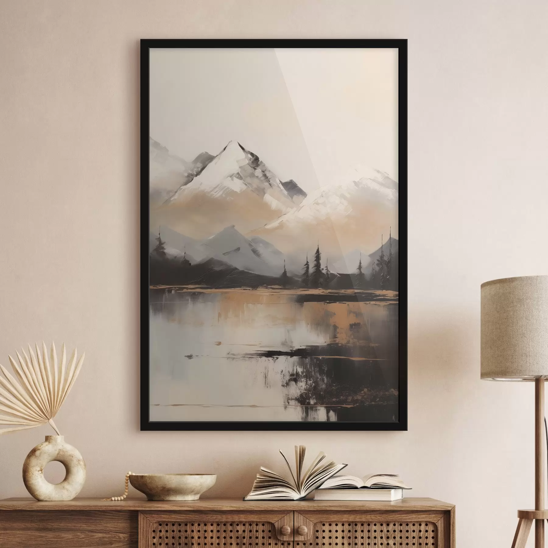 fototapet Munți înzăpeziți, cu textură, cu câțiva copaci în fața unui lac f45951