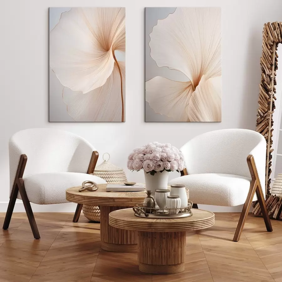 Tablouri Flori abstracte cu petale subțiri și delicate, în nuanțe de alb și bej m00817