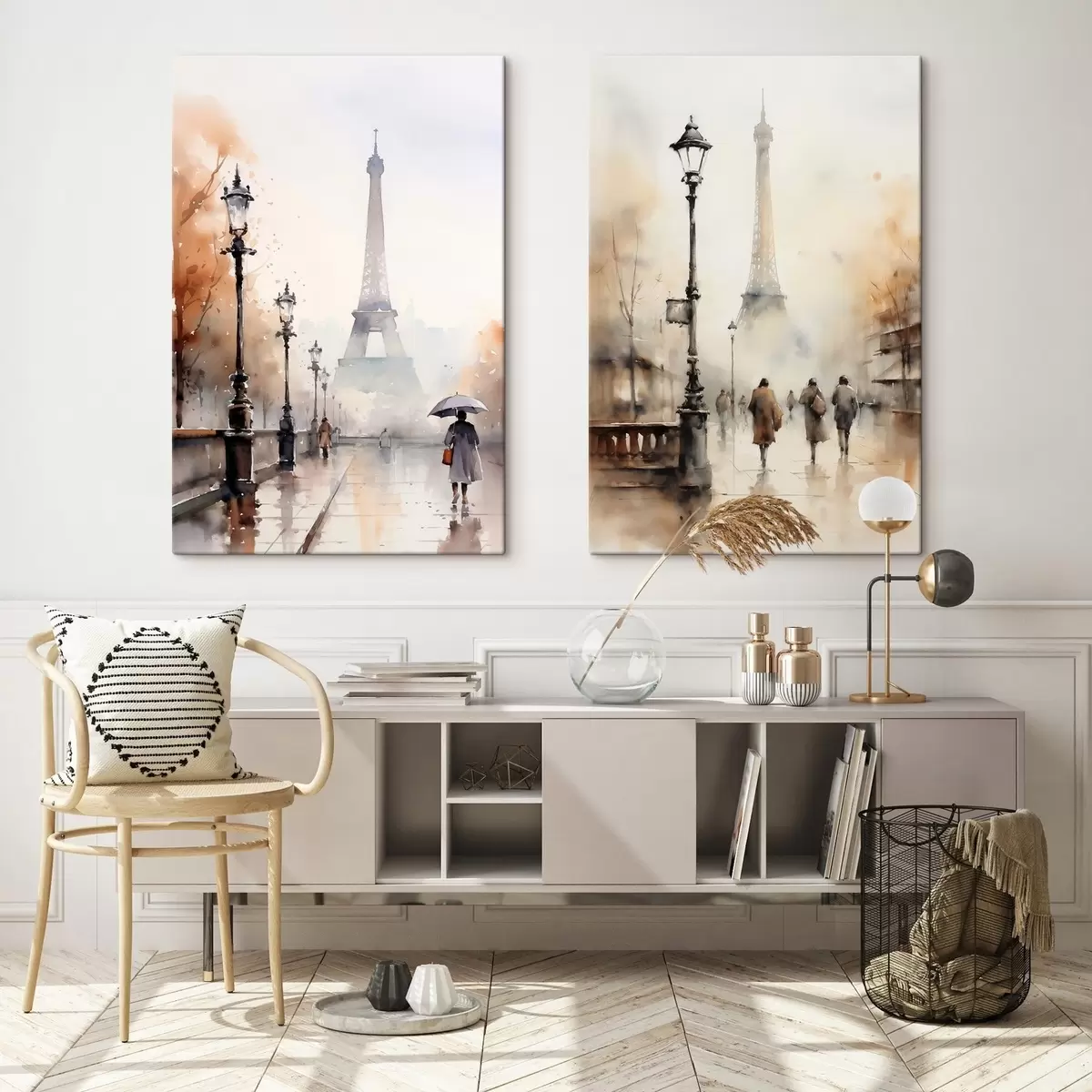 Tablouri O zi ploioasă de toamnă în Paris, cu Turnul Eiffel în fundal și felinare vintage m00821