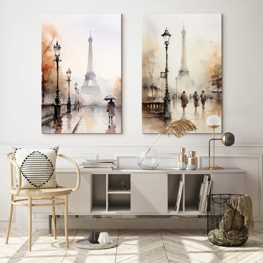 Tablouri O zi ploioasă de toamnă în Paris, cu Turnul Eiffel în fundal și felinare vintage m00821