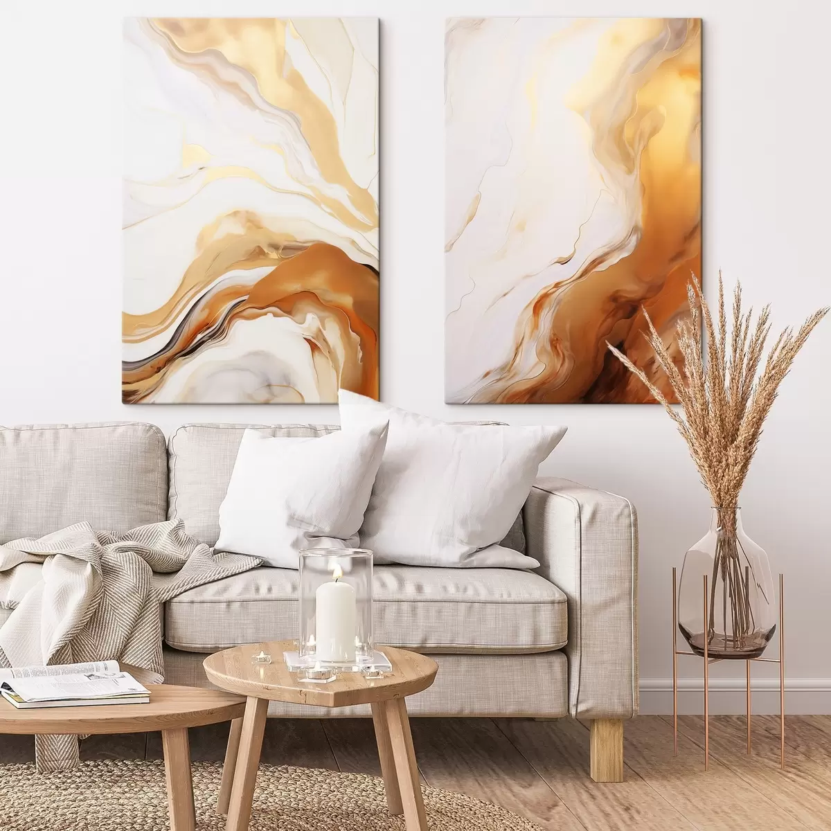 Tablouri Imitare de pictură abstractă cu culori albe și portocalii, artă fluidă cu linii ondulate, artă modernă m00825