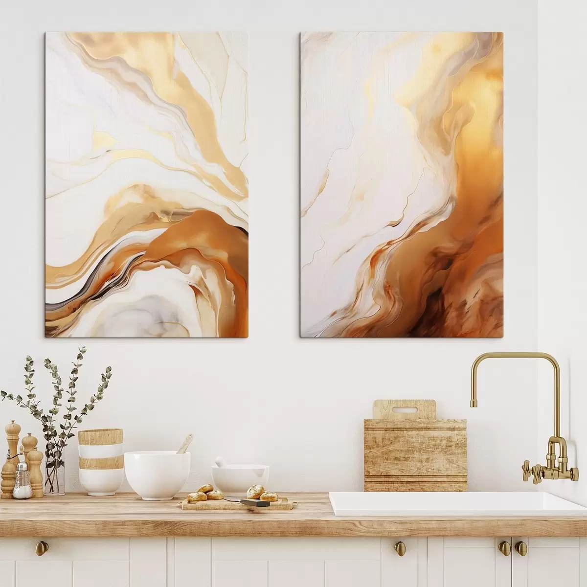 Tablouri Imitare de pictură abstractă cu culori albe și portocalii, artă fluidă cu linii ondulate, artă modernă m00825