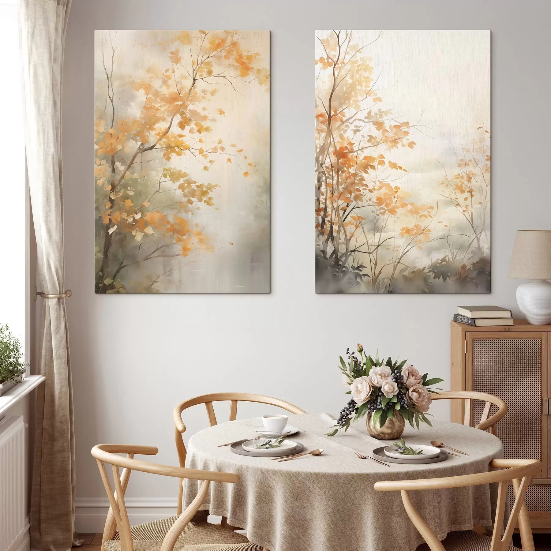 Tablouri Copaci de toamnă cu frunze și ramuri portocalii, stil acuarelă delicată, tușe delicate m00826