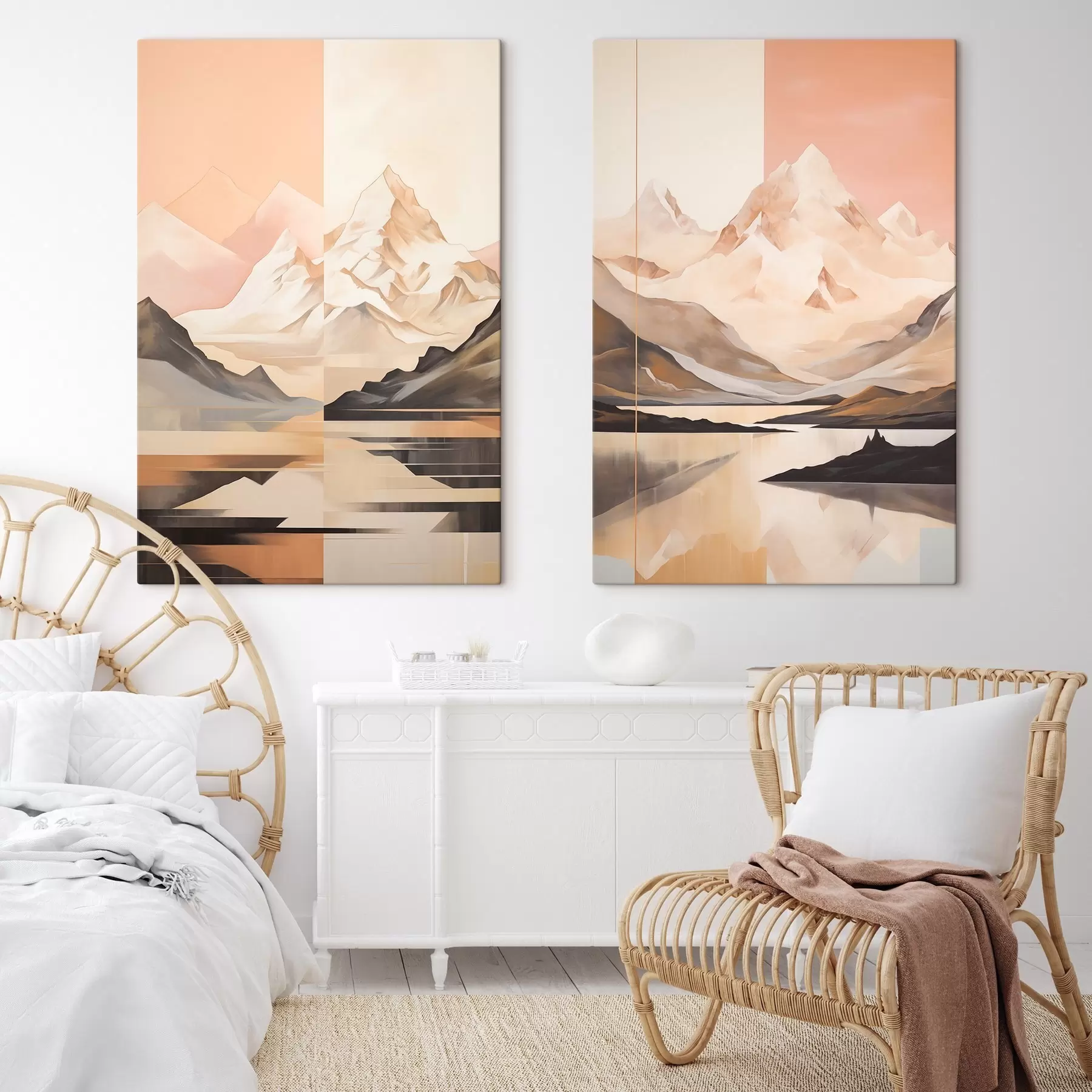 Tablouri Peisaj abstract cu munți și un lac, culori pastelate, stil minimalist m00830