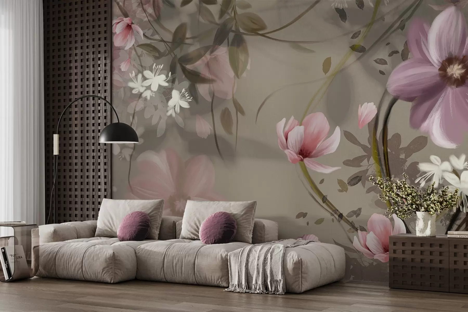 fototapet Flori roz și albe cu tulpini și frunze maronii, lumină difuză, culori discrete, aranjament floral w09417