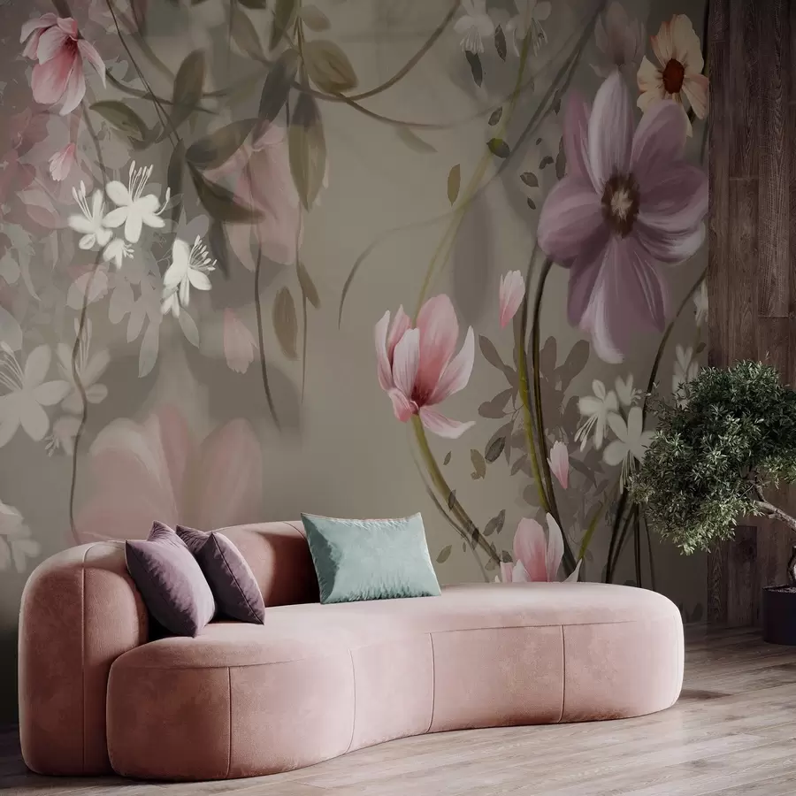 fototapet Flori roz și albe cu tulpini și frunze maronii, lumină difuză, culori discrete, aranjament floral w09417