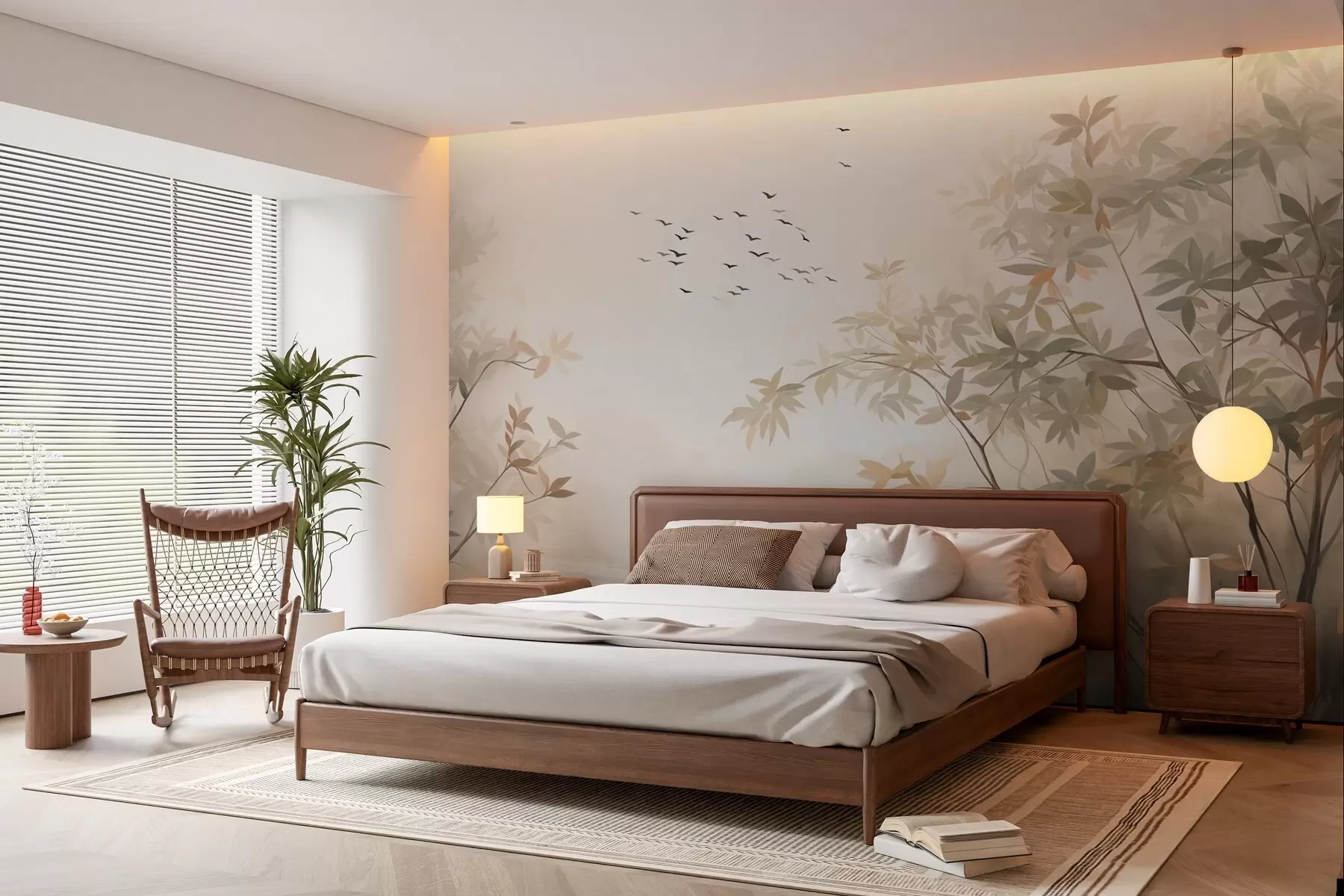 fototapet Peisaj texturat cu copaci și o turmă de păsări zburând pe cer, culori pastelate, scenă din natură  w09418