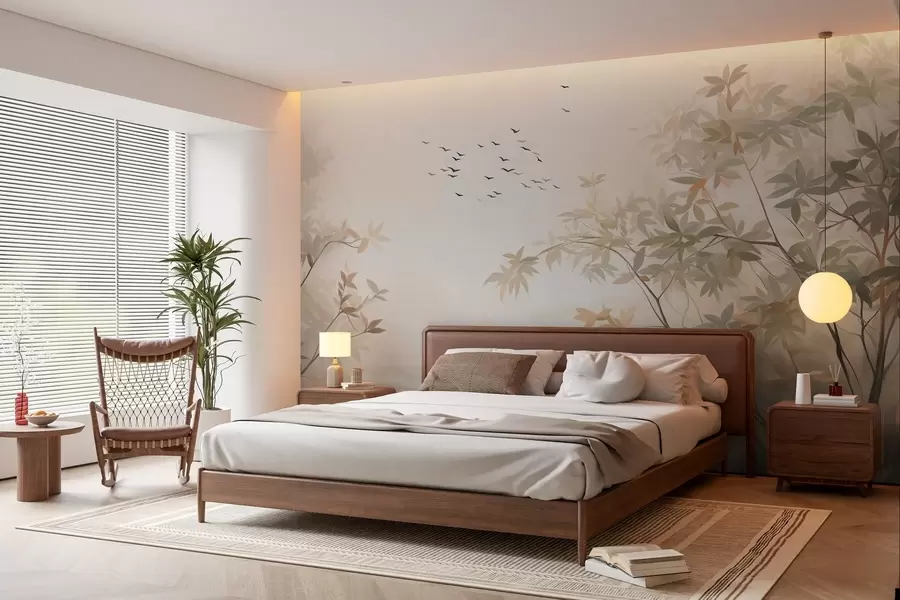 fototapet Peisaj texturat cu copaci și o turmă de păsări zburând pe cer, culori pastelate, scenă din natură  w09418