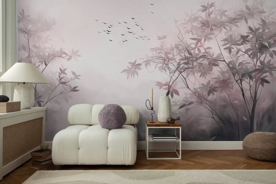 fototapet Peisaj texturat cu copaci și o turmă de păsări zburând pe cer, culori pastelate, scenă din natură w09418v1