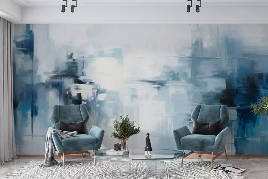 fototapet Imitare de pictură abstractă cu textură peisagistică, cu pensule albastre și albe, stil modern w09422
