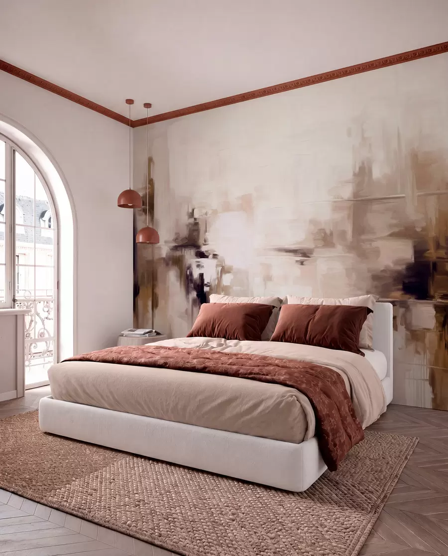 fototapet Imitare de pictură abstractă cu textură peisagistică, cu pensule maro și albe, stil modern w09422v1