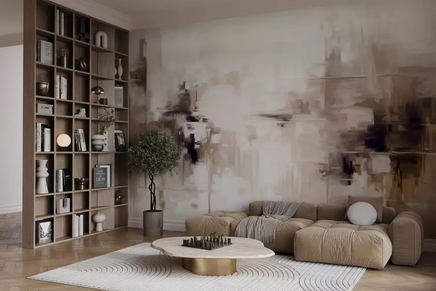 fototapet Imitare de pictură abstractă cu textură peisagistică, cu pensule maro și albe, stil modern w09422v1