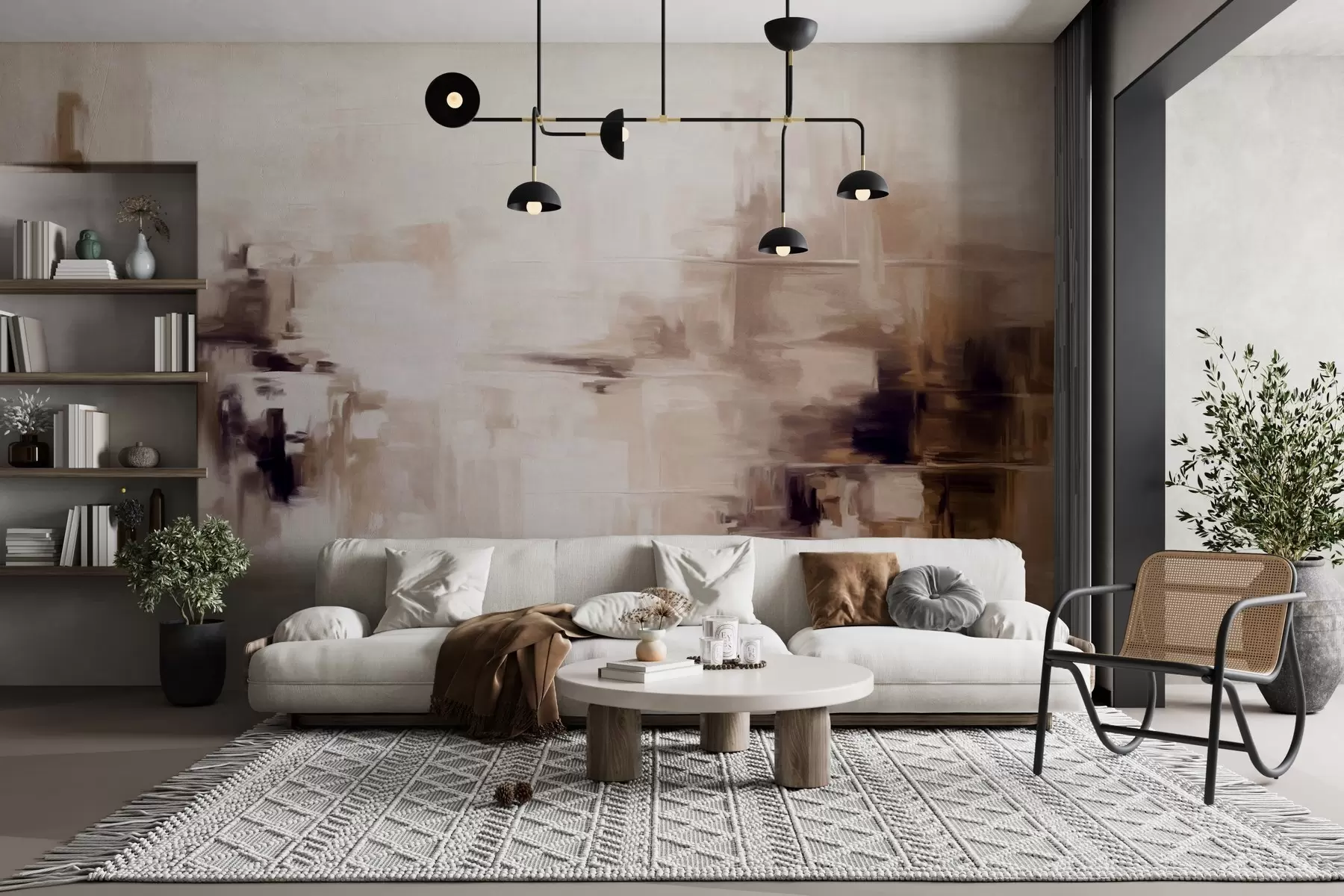 fototapet Imitare de pictură abstractă cu textură peisagistică, cu pensule maro și albe, stil modern w09422v1