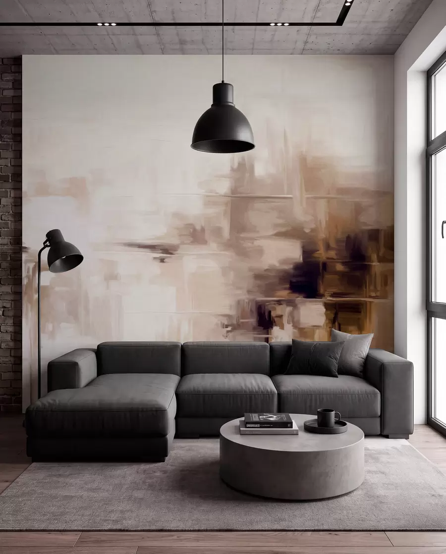 fototapet Imitare de pictură abstractă cu textură peisagistică, cu pensule maro și albe, stil modern w09422v1