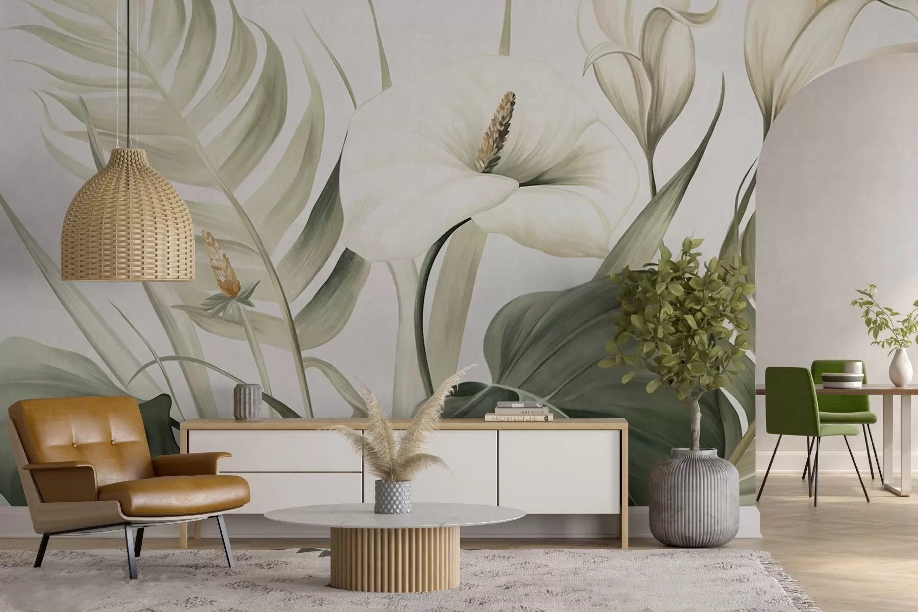 fototapet Calla albe și frunze tropicale verzi, ilustrație botanică, fundal deschis, stil vintage, texturat w09423