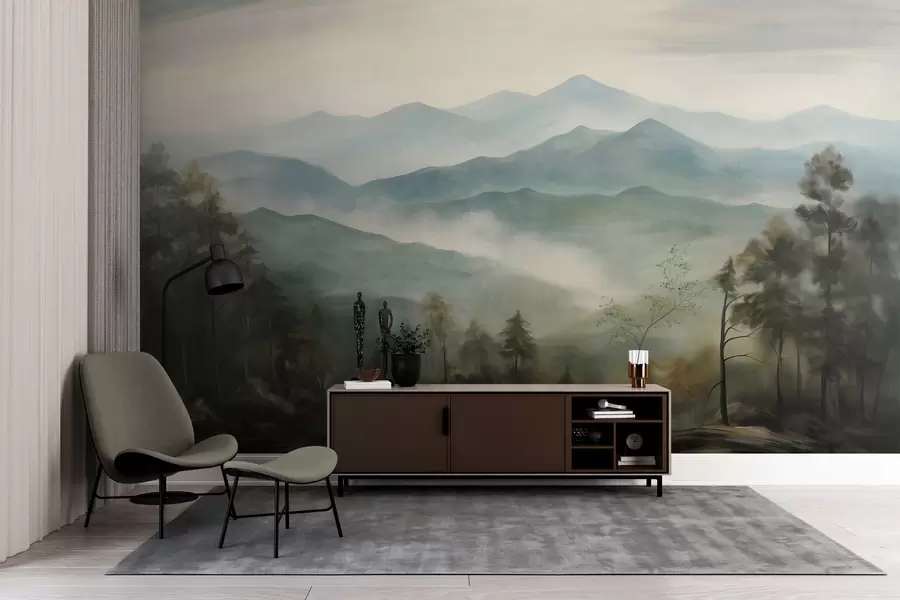 fototapet Lanț muntos în ceață, cu copaci, ceață, cer înnorat, culori estompate, stil pictural peisagistic w09424