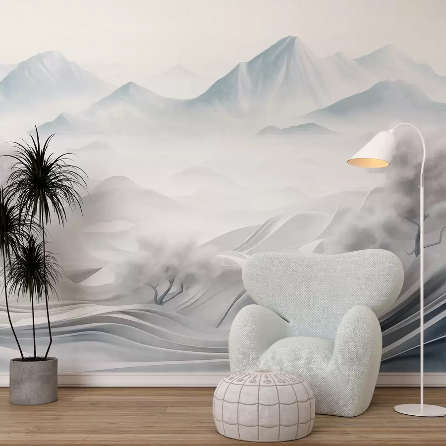 fototapet Peisaj montan abstract înzăpezit, cu copaci albi și ceață, stil minimalist texturat w09426