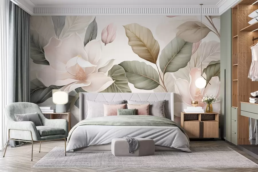fototapet Flori de magnolie cu frunze în culori pastelate, alb, roz și verde, delicate, în stil acuarelă w09427