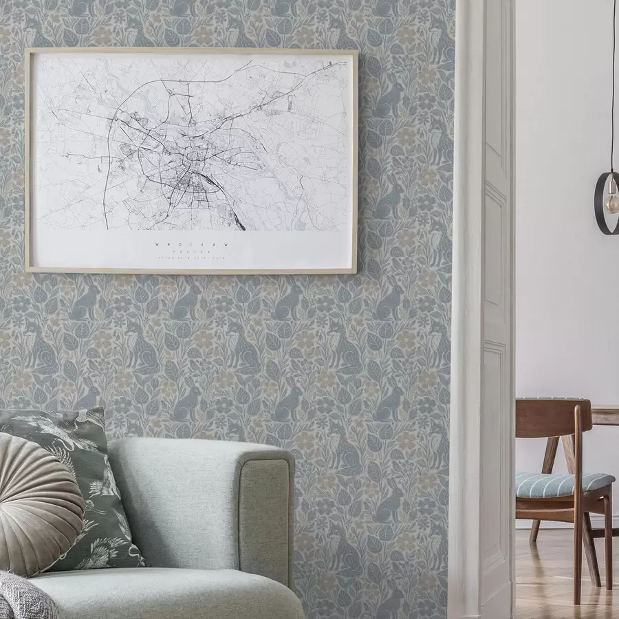 fototapet Animale și flori din pădure: vulpe și iepure în tonuri de albastru a00613