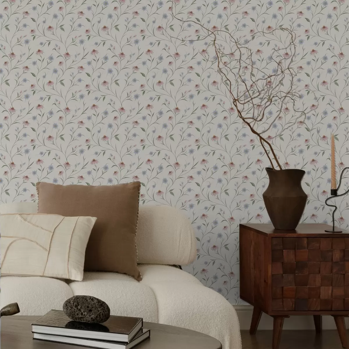 Wallpaper Margarete de câmp și echinaceea pe fond crem, luminozitate a00614