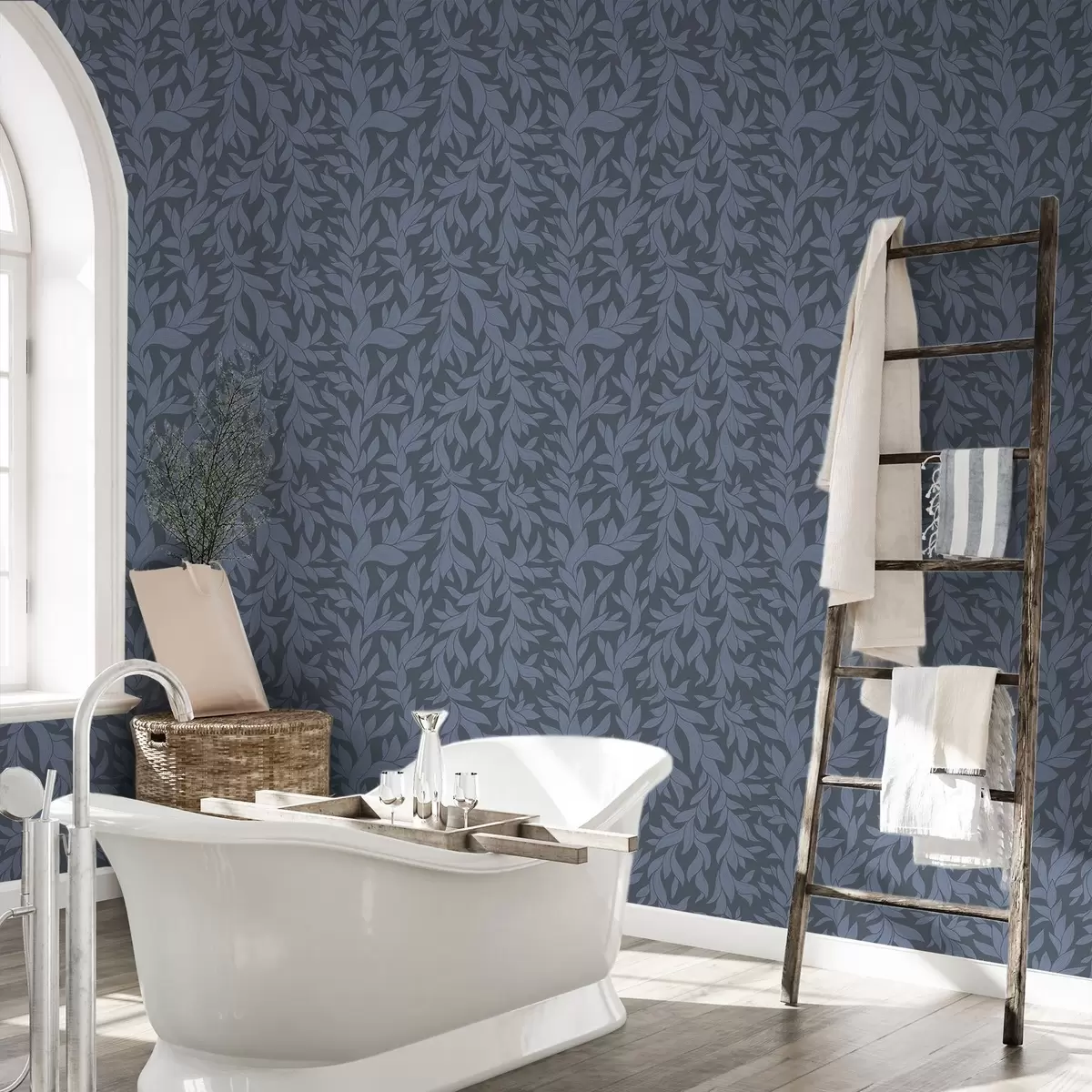 Wallpaper Fundal albastru grafit și frunze albastre, contur texturat a00616v2