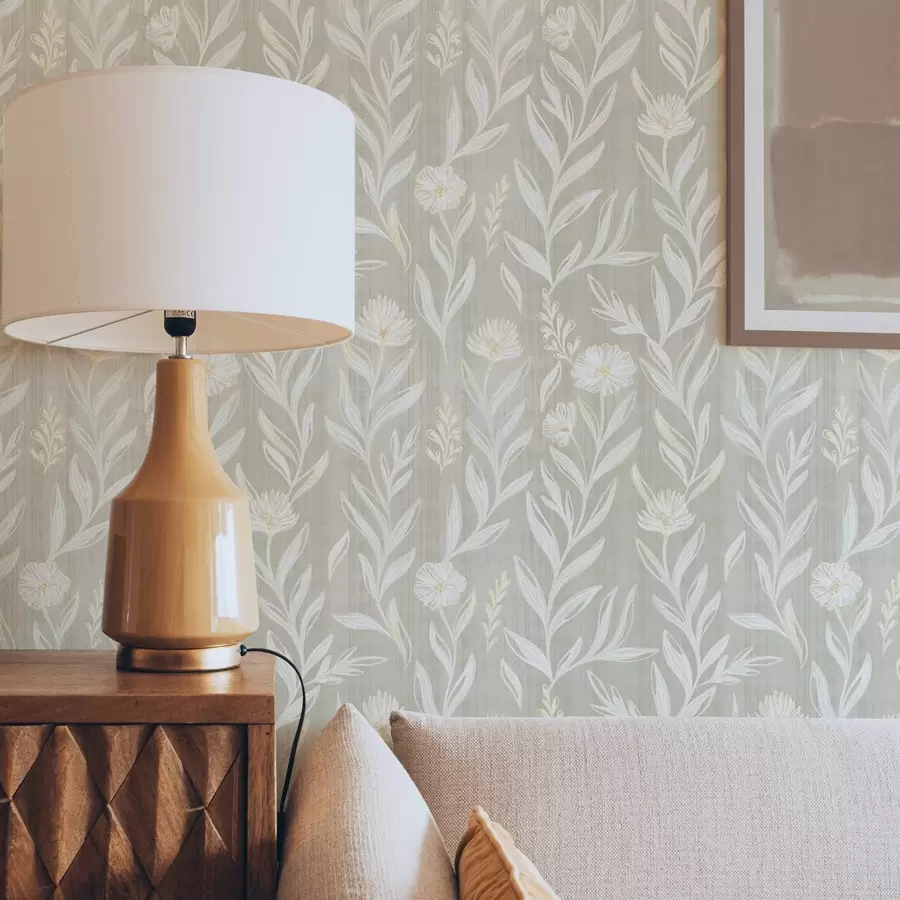 fototapet Ierburi și flori ușoare pe fundal bej, linii schițate a00618