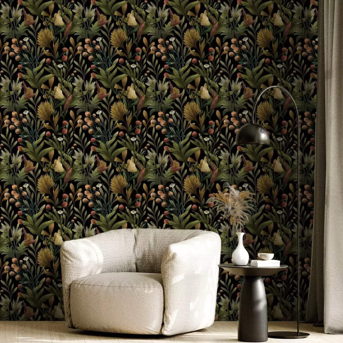 Wallpaper Grădină botanică pe fundal negru, paletă caldă de toamnă a00619