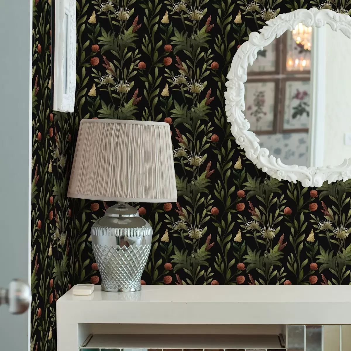 Wallpaper Ierburi înalte și flori pe fond negru, imprimeu detaliat a00620