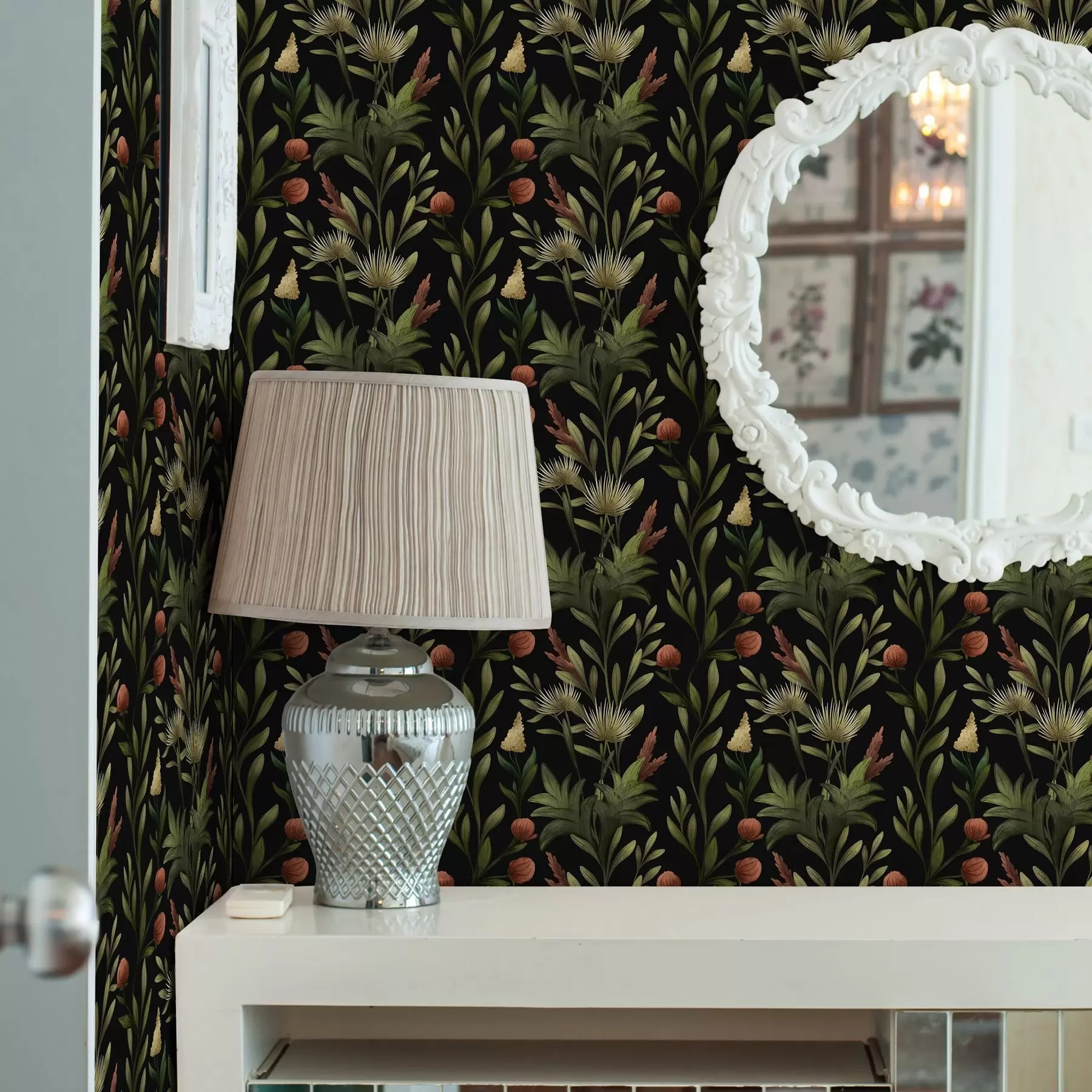 fototapet Ierburi înalte și flori pe fond negru, imprimeu detaliat a00620