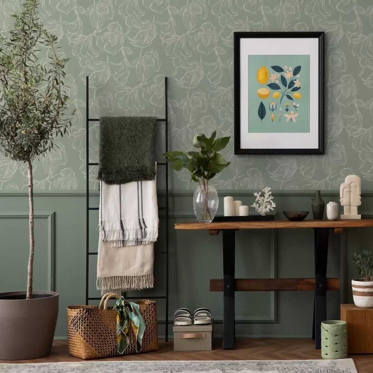 Wallpaper Flori mari liniare, linii de cretă pe fond salvie a00625v1