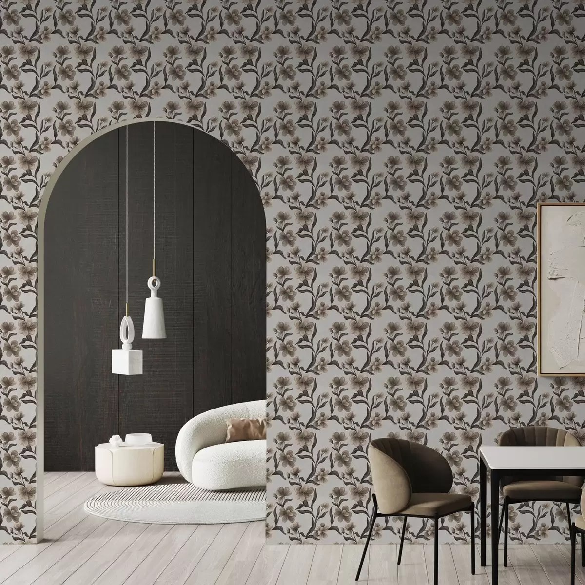 Wallpaper Flori bej și ramuri întunecate pe un fundal gri deschis a00626v1