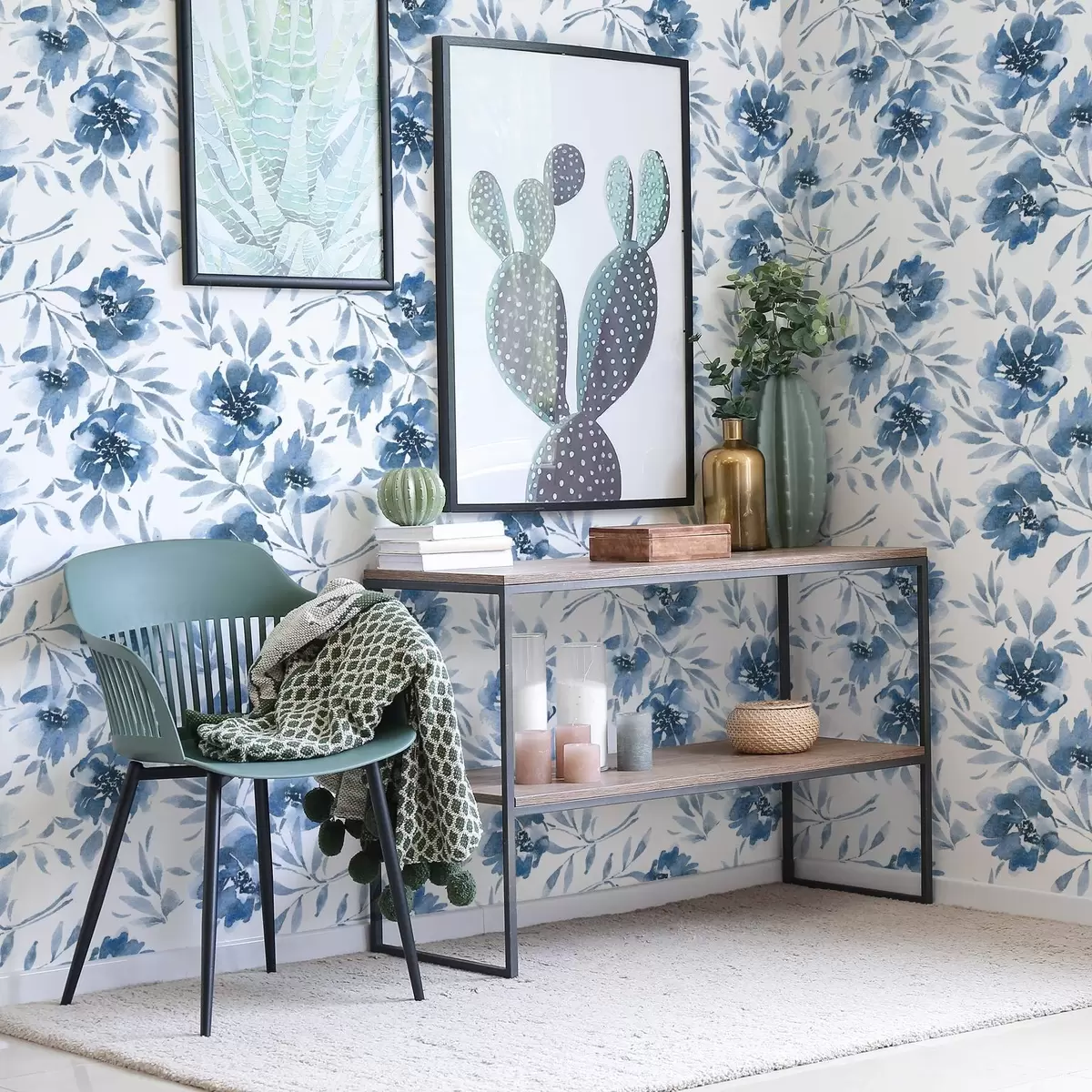 Wallpaper Bujori indigo acuarelă pe fundal alb a00641